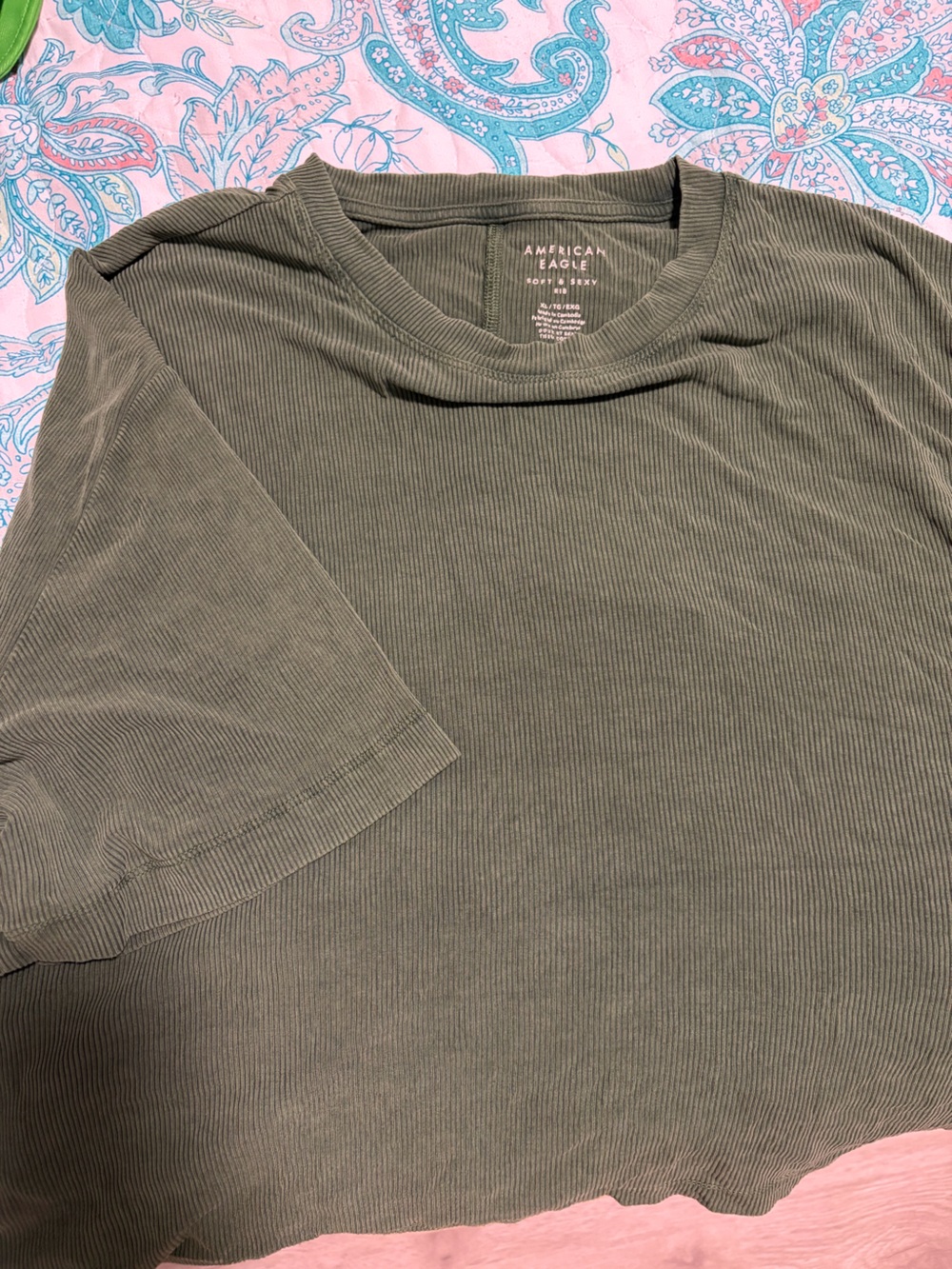 American Eagle Outfitters Olive Green Ribbed Short Sleeve Top